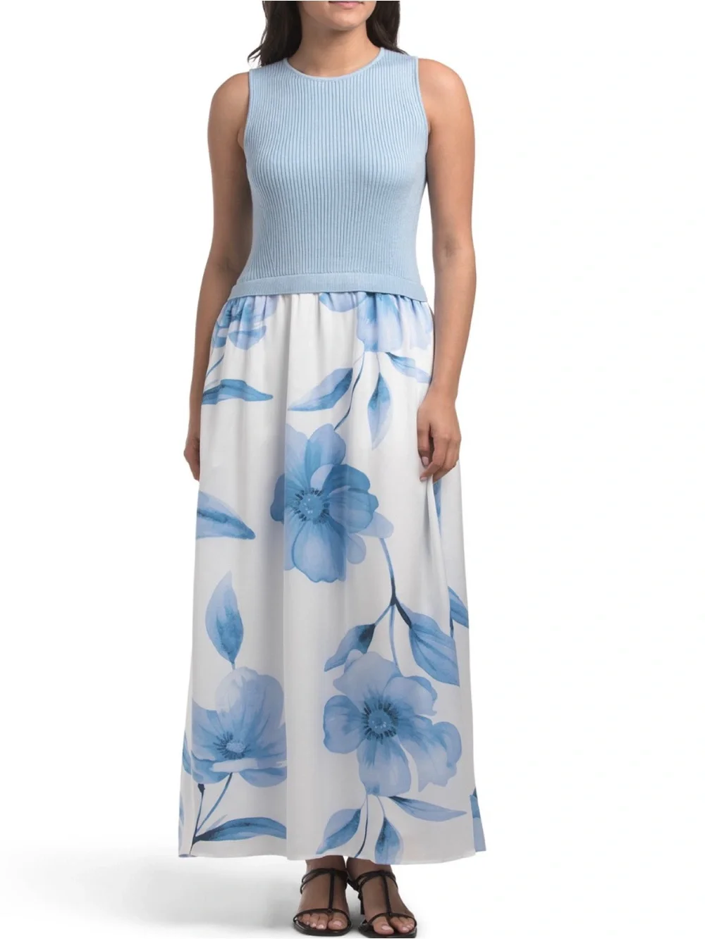 Taylor▪️Twofer Knit Top Light Blue Floral Maxi Skirt - Women's